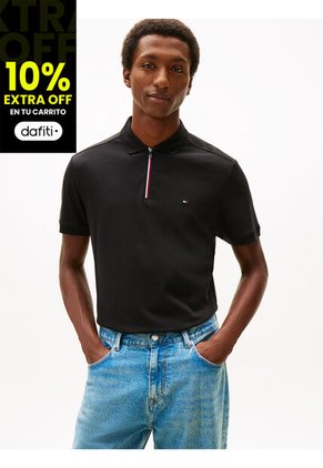 Polo Negro De Corte Regular De Cierre De Cremallera De 1/4 Tommy Hilfiger