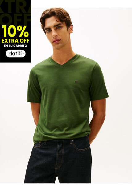 Camiseta Verde Con Cuello En V Y Logo Tommy Hilfiger