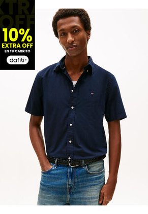 Camisa Azul Flex Poplin Solid De Manga Corta Tommy Hilfiger