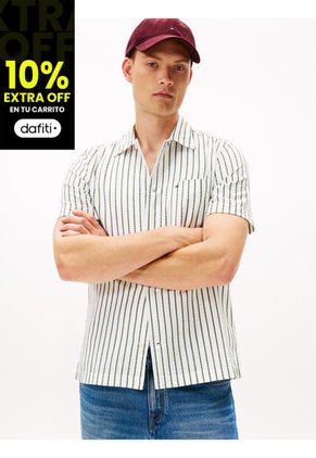 Camisa Blanca Seersucker De Corte Regular Con Diseño De Rayas Tommy Hilfiger