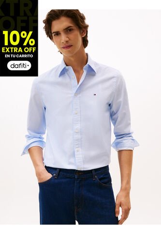 Camisa Celeste De Corte Regular Flex Poplin Con Micro Estampado Tommy Hilfiger Tommy Hilfiger
