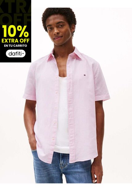 Camisa Rosa De Manga Corta De Lino Tommy Hilfiger