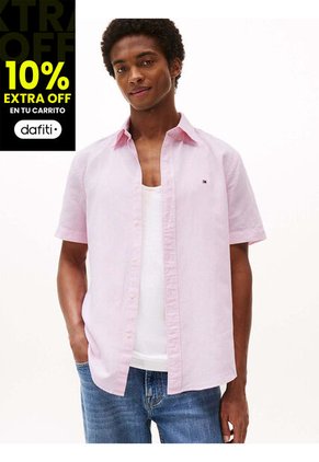 Camisa Rosa De Manga Corta De Lino Tommy Hilfiger