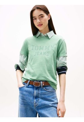 Camiseta Verde Claro De Cuello Redondo Con Escudo Tommy Jeans
