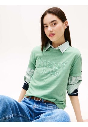 Camiseta Verde Claro De Cuello Redondo Con Escudo Tommy Jeans