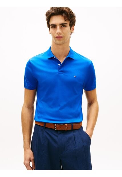 Polo Azul De Punto Interlock De Corte Regular Tommy Hilfiger