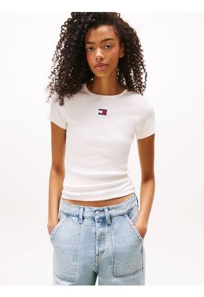 Camiseta Blanca Acanalada Con Parche De Corte Slim Tommy Jeans
