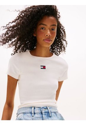 Camiseta Blanca Acanalada Con Parche De Corte Slim Tommy Jeans