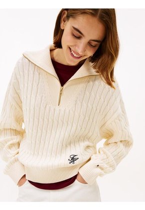 Saco Blanco Con Cierre De Cremallera De 1/2 Con Tejido Cableado Tommy Hilfiger