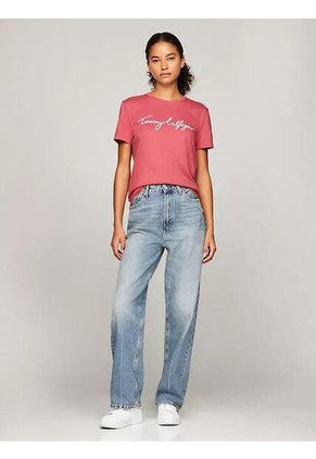 Camiseta Rosada De Cuello Redondo Con Logo Tommy Hilfiger