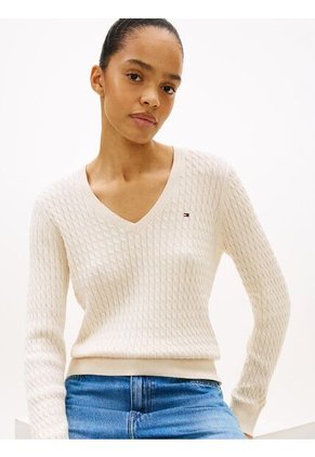 Saco Blanco De Punto Trenzado Con Cuello En V Tommy Hilfiger