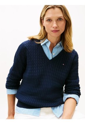Saco Azul De Punto Trenzado Con Cuello En V Tommy Hilfiger