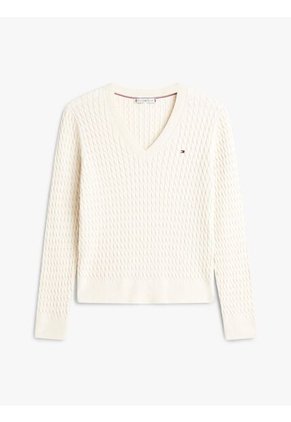 Saco Blanco De Punto Trenzado Con Cuello En V Tommy Hilfiger