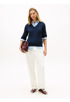 Saco Azul De Punto Trenzado Con Cuello En V Tommy Hilfiger