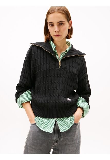 Saco Negro Con Cierre De Cremallera De 1/2 Con Tejido Cableado Tommy Hilfiger