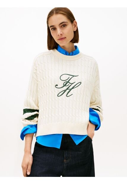 Saco Blanco De Cuello Redondo Con Logo Script Gráfico Tommy Hilfiger