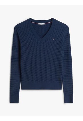 Saco Azul De Punto Trenzado Con Cuello En V Tommy Hilfiger