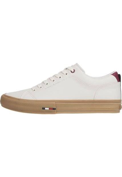 Tenis Beige De Cuero Con Cordones Y Logo Tommy Hilfiger