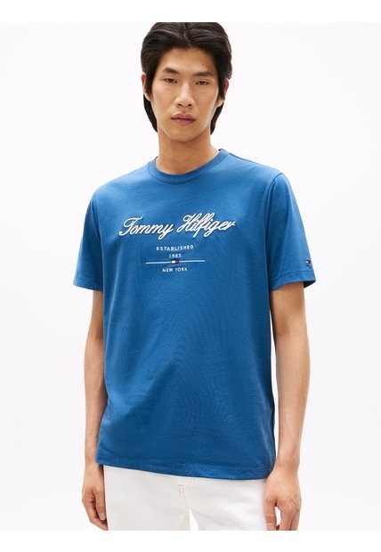 Camiseta Azul Con Logotipo Cursivo Tommy Hilfiger