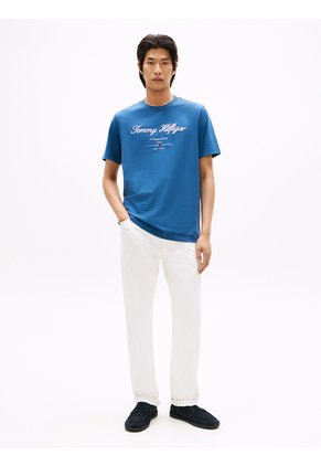 Camiseta Azul Con Logotipo Cursivo Tommy Hilfiger