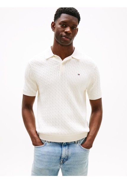 Polo Blanco De Punto Trenzado Y Corte Regular Tommy Hilfiger