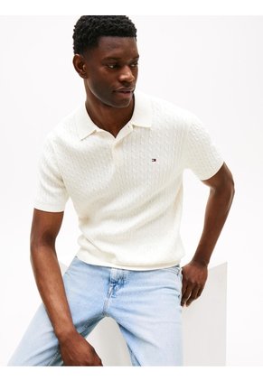 Polo Blanco De Punto Trenzado Y Corte Regular Tommy Hilfiger
