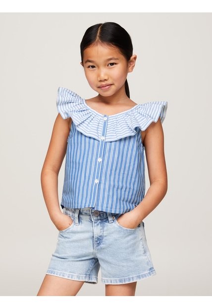 Blusa Celeste Cropped De Rayas Mixtas Con Volante Tommy Hilfiger