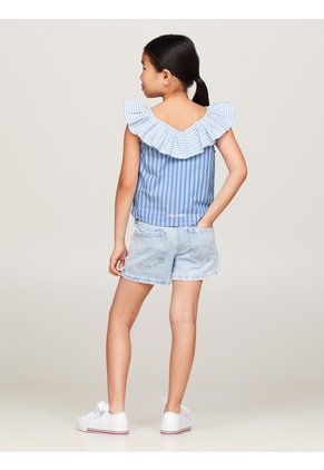 Blusa Celeste Cropped De Rayas Mixtas Con Volante Tommy Hilfiger