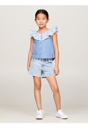 Blusa Celeste Cropped De Rayas Mixtas Con Volante Tommy Hilfiger