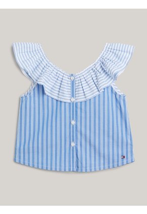 Blusa Celeste Cropped De Rayas Mixtas Con Volante Tommy Hilfiger
