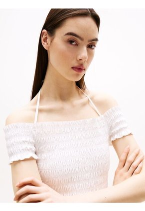 Vestido Blanco Corto Evasé De Cuello Halter Tommy Jeans
