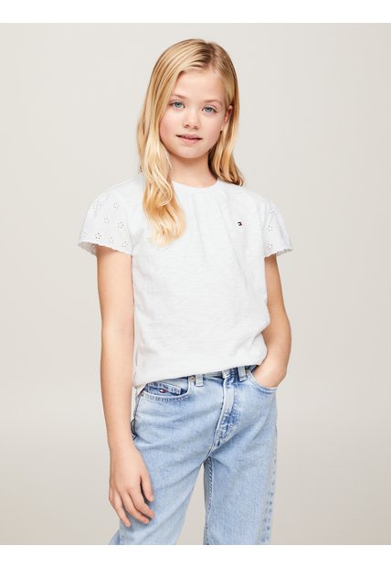 Camiseta Blanca Con Mangas Caladas Y Monograma TH Tommy Hilfiger