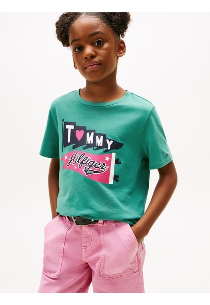 Camiseta Verde De Cuello Redondo Con Logo Tommy Hilfiger