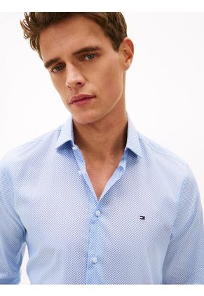 Camisa Celeste De Manga Larga Con Micro Estampado Tommy Hilfiger