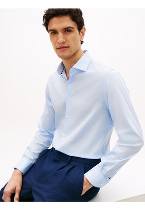 Camisa Celeste De Sarga TH Flex New York Label Con Corte Slim Tommy Hilfiger