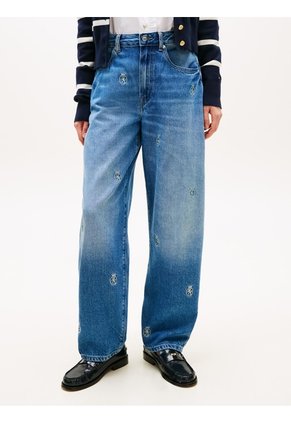 Jeans Azul Con Corte De Barril, Talle Medio Y Escudos Bordados Tommy Hilfiger