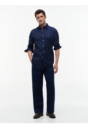 Camisa Azul Oscuro Flex Poplin Con Micro Estampado De Cuadros Tommy Hilfiger