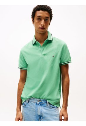 Polo Verde Ribeteado De Corte Slim Tommy Hilfiger