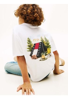 Camiseta Blanca De Cuello Redondo Con Gráfico Tommy Hilfiger