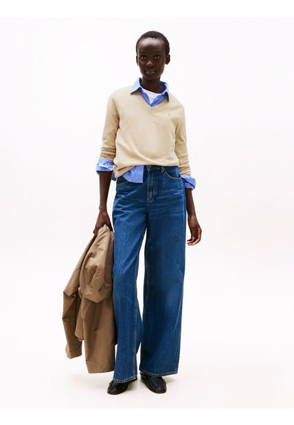 Saco Beige De Punto Con Cuello En V Tommy Hilfiger