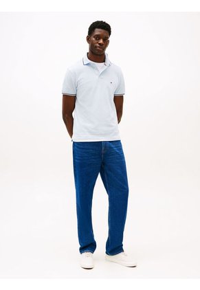 Polo Celeste Ribeteado De Corte Slim Tommy Hilfiger