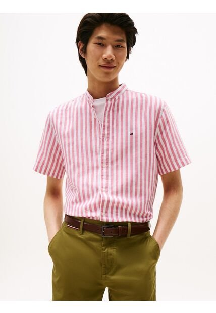 Camisa Rosada Con Diseño De Rayas Y Cuello Mao Tommy Hilfiger