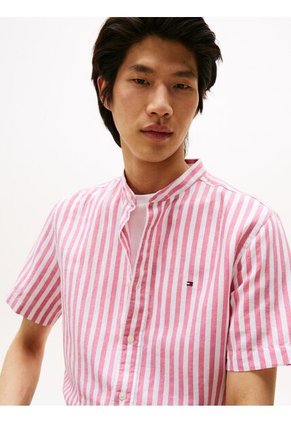 Camisa Rosada Con Diseño De Rayas Y Cuello Mao Tommy Hilfiger