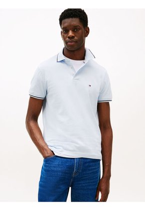 Polo Celeste Ribeteado De Corte Slim Tommy Hilfiger