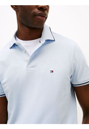 Polo Celeste Ribeteado De Corte Slim Tommy Hilfiger