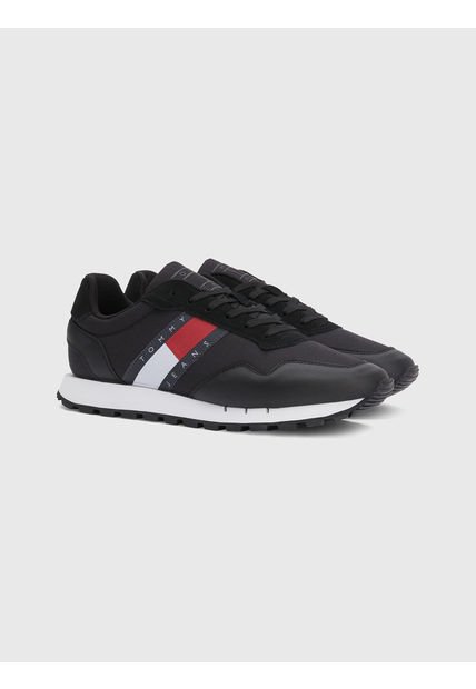Tenis De Running Retro En Cuero Y Malla Hombre Negro Tommy Hilfiger