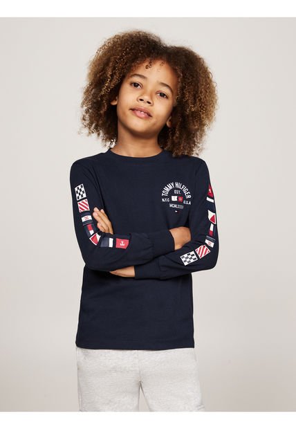 Camiseta Azul Con Logo Y Banderas Para Niño Tommy Hilfiger