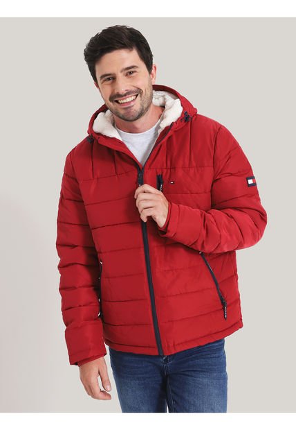 Chaqueta Roja Quilted Con Gorro Y Logo Tommy Hilfiger