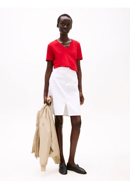 Camiseta Roja De Rayas Con Cuello En V Tommy Hilfiger