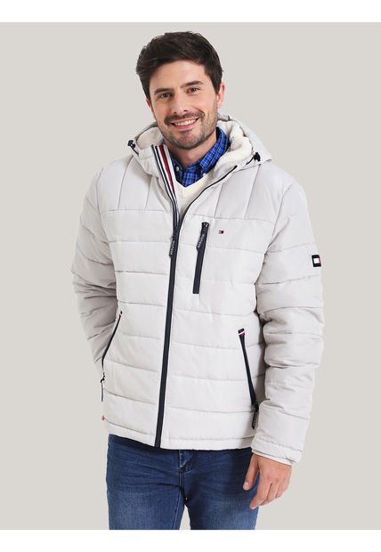 Chaqueta Blanca Quilted Con Gorro Y Logo Tommy Hilfiger